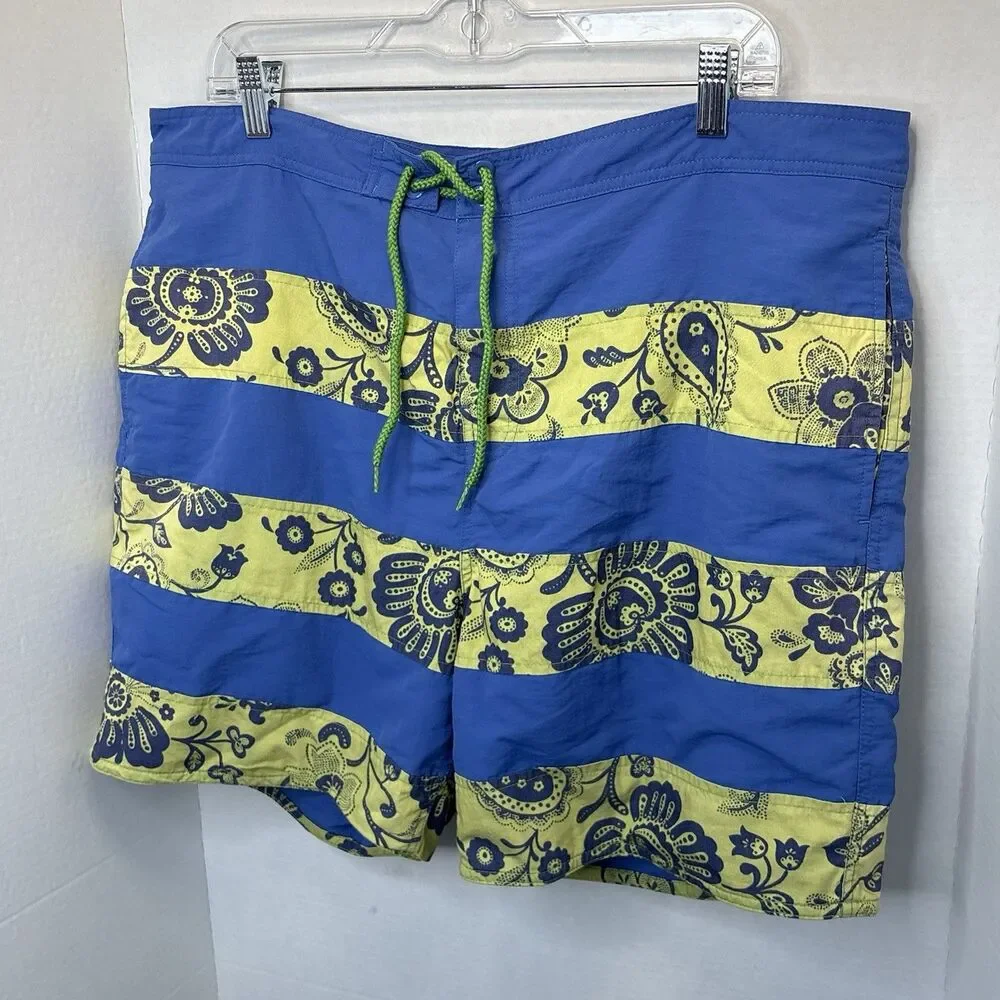 Reyn Spooner Swim Trunks Mens 38 Board Short Floral Tropical Blue Yellow Stripes